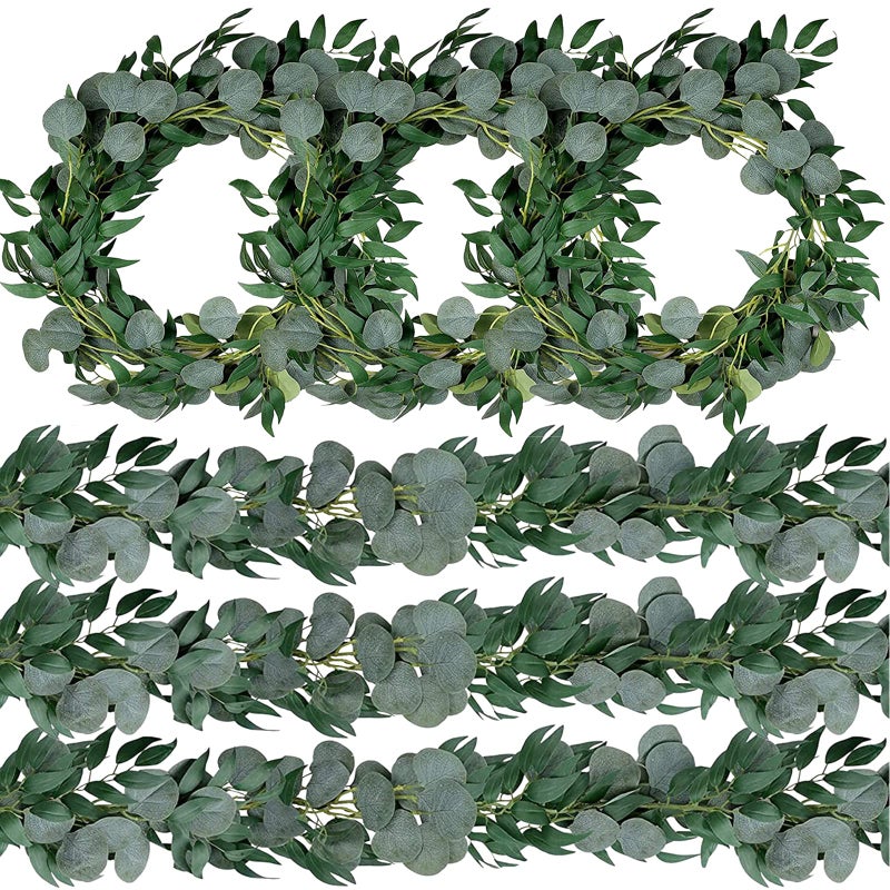 Trimgrace 6 Pack 6.5 Feet Artificial Eucalyptus Garland with Willow Leaves Faux Greenery Garland for Wedding Fireplace Party Home Table Runner Arch Decor - Image 1